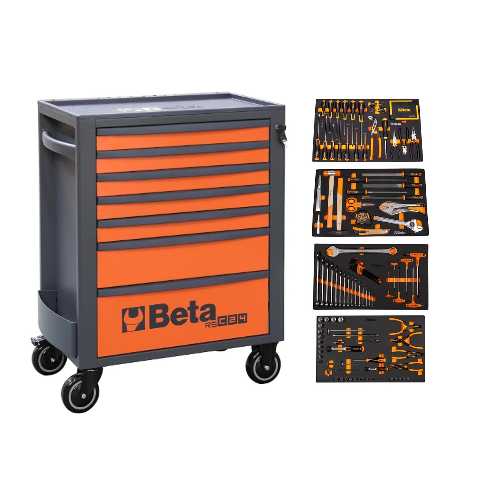 Beta RSC24 Orange 7-Drawer Rolling Tool Cabinet with 207 Piece SAE Tool Set
